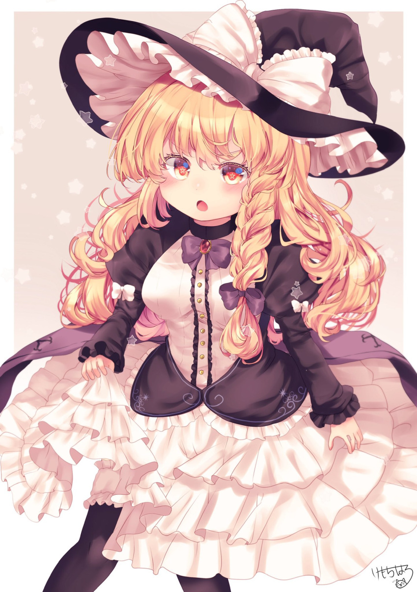 1girl adapted_costume bangs black_headwear blonde_hair bow braid breasts commentary_request dress frilled_dress frills hair_bow hat hat_bow highres juliet_sleeves kemo_chiharu kirisame_marisa large_breasts long_hair long_sleeves looking_at_viewer open_mouth puffy_sleeves side_braid signature single_braid solo star-shaped_pupils star_(symbol) symbol-shaped_pupils touhou white_bow white_dress witch_hat yellow_eyes