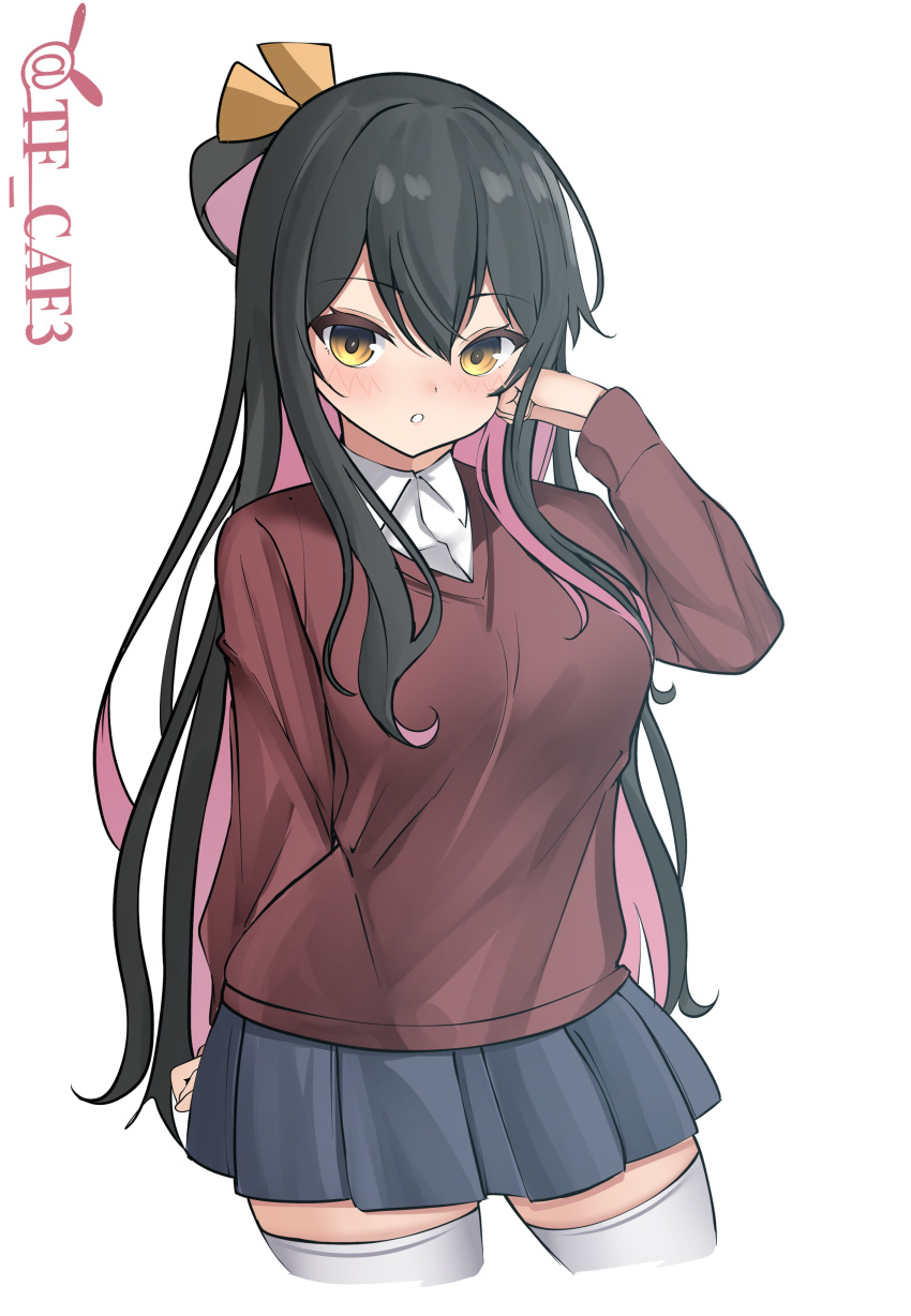 1girl :o absurdres alternate_costume black_hair bow breasts brown_cardigan cardigan casual collared_shirt colored_inner_hair grey_skirt hair_bow highres kantai_collection long_hair long_sleeves looking_at_viewer medium_breasts multicolored_hair naganami_(kancolle) pink_hair shirt skirt solo tf_cafe thigh-highs twitter_username two-tone_hair wavy_hair white_thighhighs yellow_bow yellow_eyes