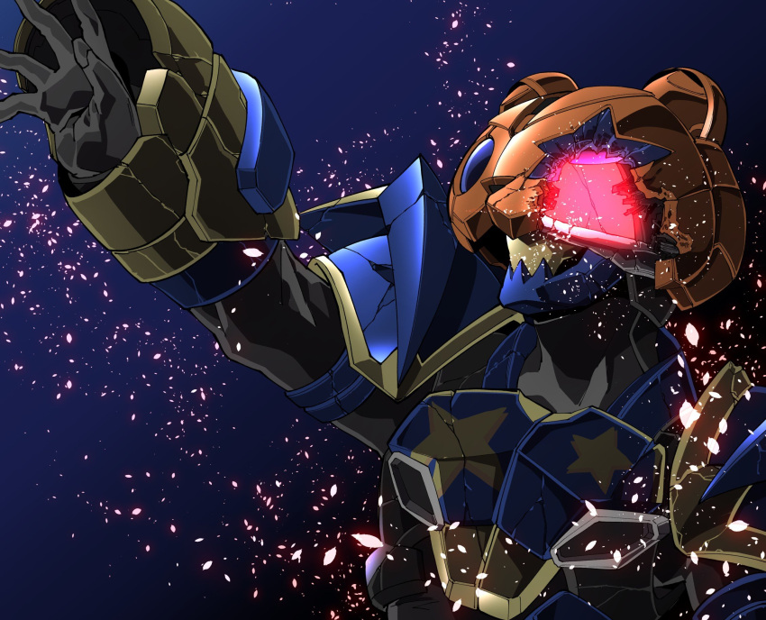 1boy amakawa_mayu armor bear blue_armor blue_eyes boxing_gloves brass_knuckles broken broken_armor broken_helmet cape commentary_request corruption defeat highres jack-o'-lantern kamen_rider kamen_rider_geats_(series) kamen_rider_punkjack male_focus open_hand pumpkin raise_buckle shadow solo upper_body weapon