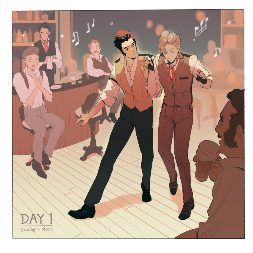 6+boys ace_attorney alcohol beer beer_mug black_hair blonde_hair brown_hair brown_vest coda_(usaalock) collared_shirt cup dancing facial_hair floor full_body herlock_sholmes highres holding holding_cup indoors long_sleeves male_focus mug multiple_boys musical_note neck_ribbon necktie pants pink_ribbon ribbon shirt short_hair sitting sleeves_rolled_up smile standing the_great_ace_attorney the_great_ace_attorney_2:_resolve vest white_shirt yujin_mikotoba