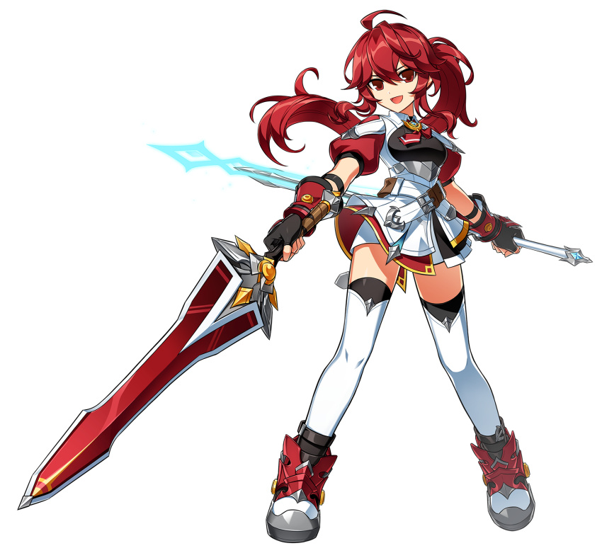 1girl dress elesis_(elsword) elsword full_body highres holding holding_sword holding_weapon long_hair looking_at_viewer official_art ponytail red_eyes redhead soar_knight_(elsword) solo sword thigh-highs transparent_background weapon white_dress white_thighhighs