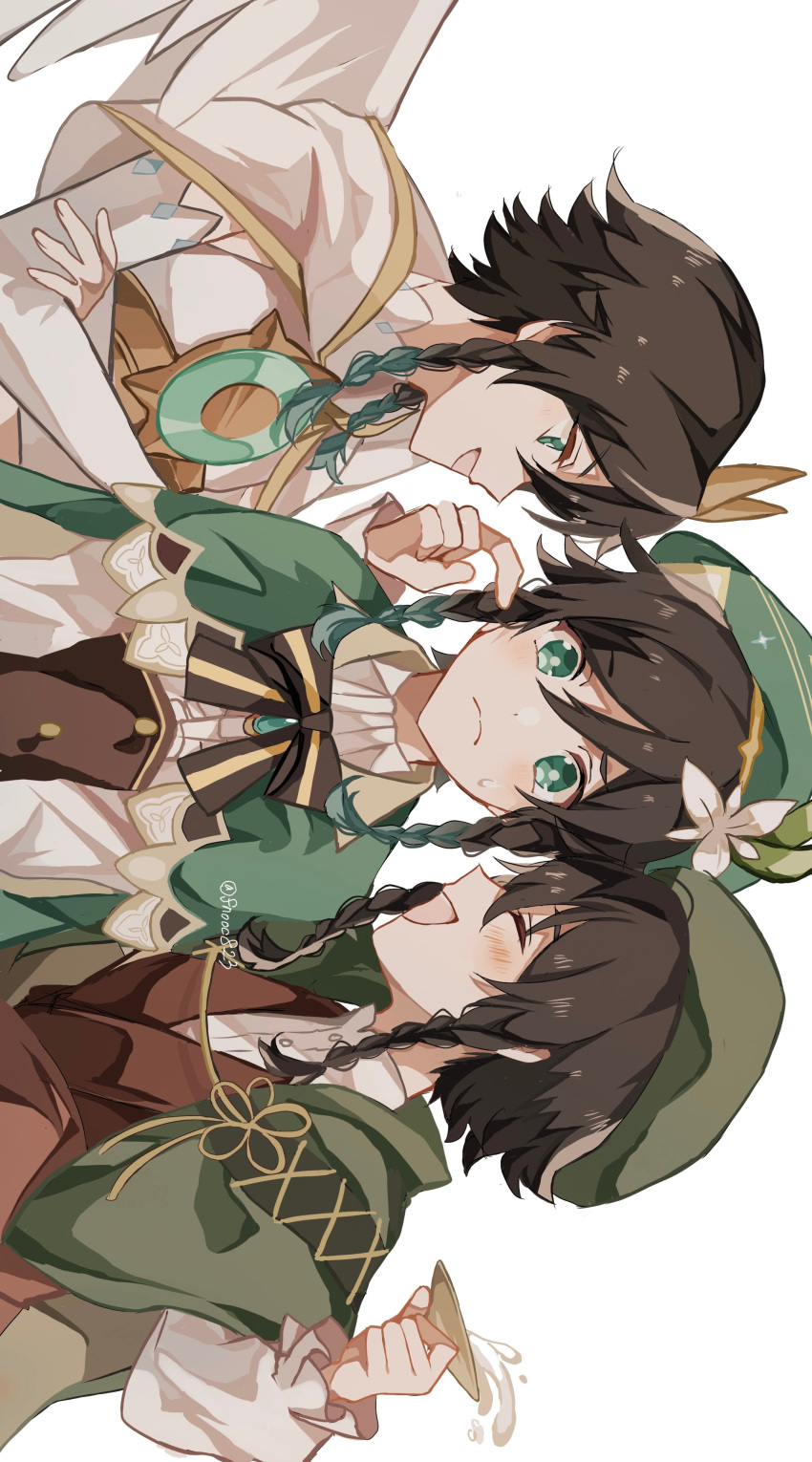 3boys absurdres alcohol bangs beret black_bow black_bowtie black_hair blue_hair blush bow bowtie braid brown_vest buttons capelet closed_eyes closed_mouth collared_shirt commentary_request corset cup dual_persona flower fnooc823 frills genshin_impact gradient_hair green_capelet green_eyes green_headwear hair_between_eyes hand_up hands_up hat hat_flower hat_ornament highres holding holding_cup leaf long_sleeves looking_at_another looking_away male_focus multicolored_hair multiple_boys nameless_bard_(genshin_impact) open_mouth sake shirt short_hair simple_background smile standing striped striped_bow striped_bowtie sweat sweatdrop twin_braids venti_(archon)_(genshin_impact) venti_(genshin_impact) vest white_background white_capelet white_flower white_shirt wings yellow_bow yellow_bowtie