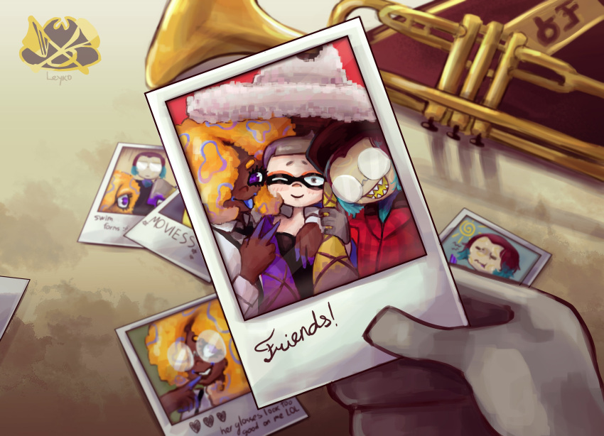 3girls absurdres aqua_hair arm_around_shoulder artist_name black_dress black_hair black_hat blonde_hair blue_tongue blush collared_shirt colored_tongue dark-skinned_female dark_skin domino_mask dress glasses gloves grey_gloves grey_hair grey_hat hair_over_one_eye hat highres holding holding_photo instrument leyko long_sleeves looking_at_viewer mask multiple_girls one_eye_closed opaque_glasses open_mouth orange_hair parted_lips patterned_hair photo_(object) plaid_clothes plaid_shirt pov purple_hair red_shirt round_eyewear shadow sharp_teeth shirt smile splatoon_(series) splatoon_3 suspenders tao_blu_(splatoon) teeth tentacle_hair tongue tongue_out tosh_(splatoon) trumpet v violet_eyes white_shirt yoko_(splatoon)