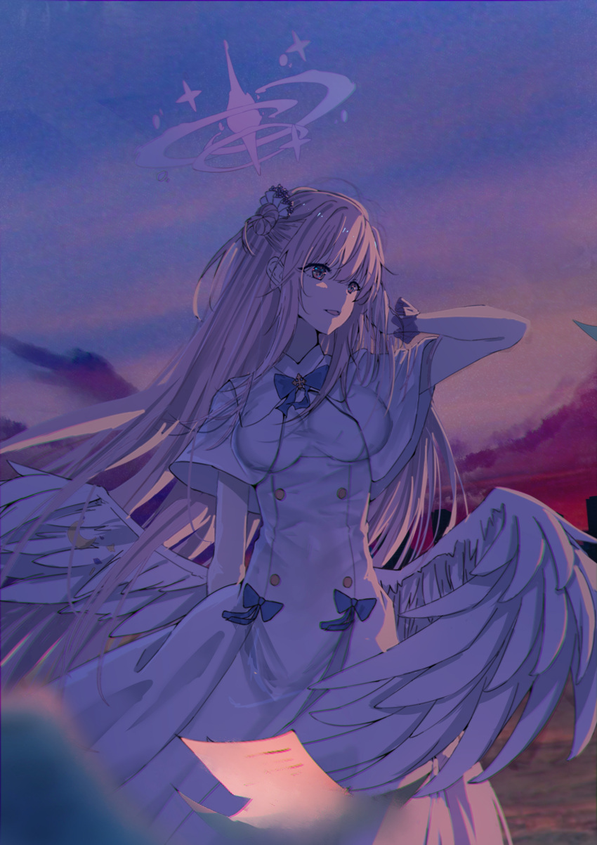 1girl absurdres blue_archive breasts capelet commentary dress feathered_wings flower hair_bun hair_flower hair_ornament halo hand_up highres long_hair looking_away looking_to_the_side low_wings medium_breasts mika_(blue_archive) open_mouth outdoors pink_hair purple_flower re:rin single_side_bun smile solo sunset very_long_hair white_capelet white_dress white_wings wings wrist_cuffs