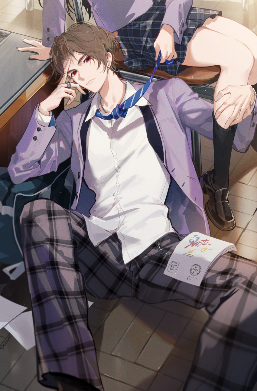 1boy 1girl absurdres avataro_sentai_donbrothers blue_necktie book brown_hair buttons disguise doran_(doran7280) dress_shirt earrings hand_on_another's_leg highres jacket jewelry looking_at_viewer manga_(object) momoi_taro necklace necktie on_chair on_floor open_clothes open_jacket pleated_pants pleated_skirt ring school_uniform shirt short_hair sitting skirt solo_focus spread_legs stud_earrings super_sentai white_shirt