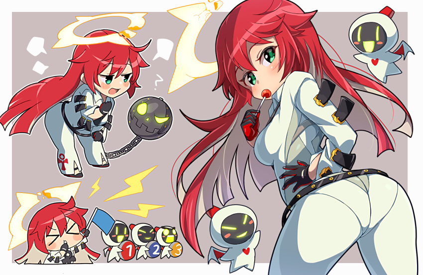 1girl ankh_necklace ball_and_chain_restraint bell-bottoms black_footwear black_gloves bodysuit breasts broken_halo candy chibi collared_shirt colored_inner_hair compass_rose_halo food gloves green_eyes guilty_gear guilty_gear_strive halo highres holding holding_candy holding_food holding_lollipop itsuka_neru jack-o'_valentine knight_servant large_breasts lollipop mature_female multicolored_hair pants red_gloves redhead shirt shoulder_belt skin_tight too_many_belts two-tone_gloves white_bodysuit white_hair white_pants
