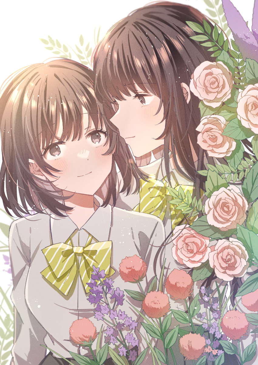 2girls absurdres bangs bow bowtie brown_hair closed_mouth collared_shirt commentary_request flower green_bow green_bowtie highres leaf light_particles long_hair multiple_girls original pink_flower pink_rose purple_flower rococomm123 rose school_uniform shirt short_hair smile white_shirt yuri