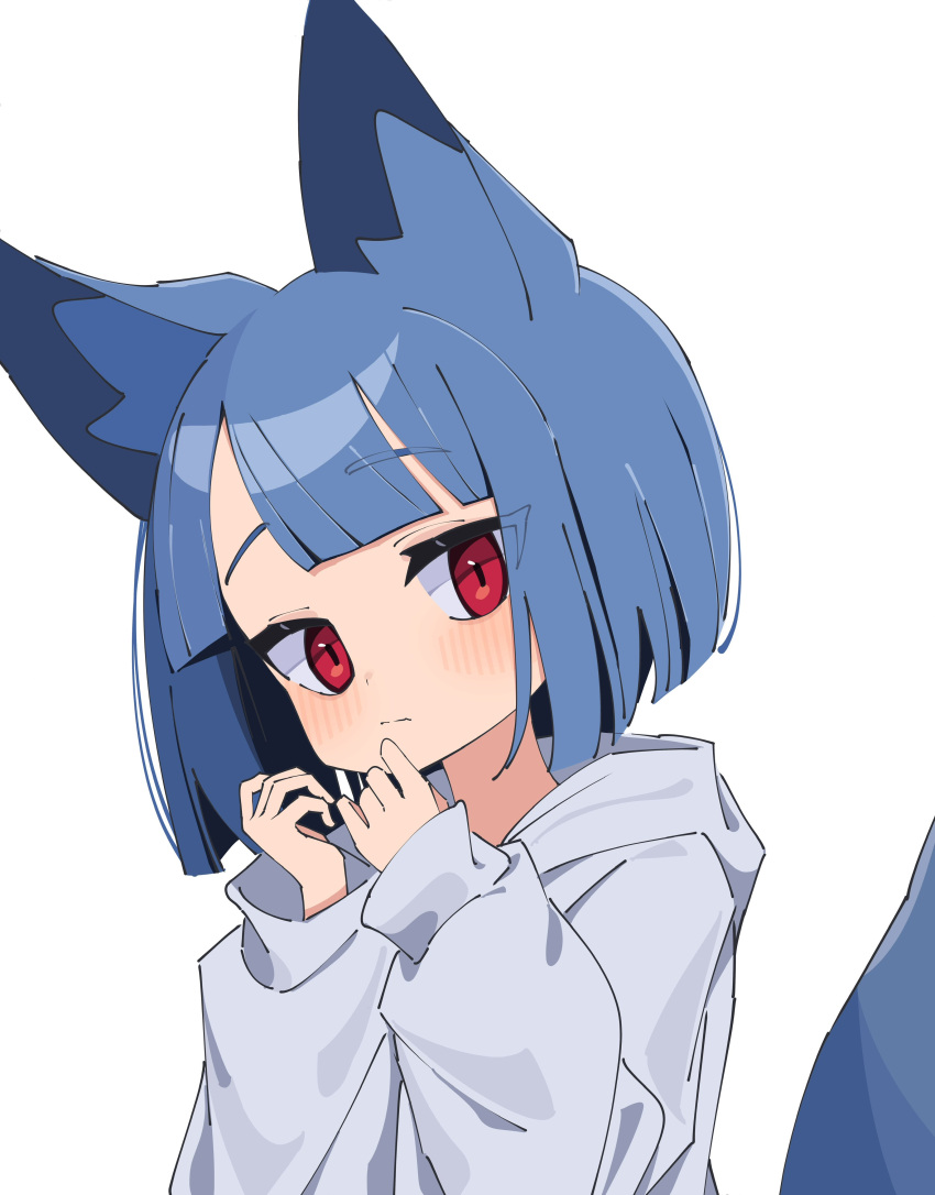 1girl absurdres animal_ear_fluff animal_ears bangs blue_hair blush closed_mouth commentary grey_hoodie hands_up head_tilt highres hood hood_down hoodie long_sleeves looking_at_viewer myakuroekako original puffy_long_sleeves puffy_sleeves red_eyes short_hair simple_background sleeves_past_wrists solo symbol-only_commentary tail upper_body white_background