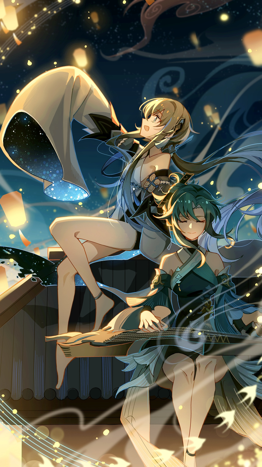 2girls :d absurdres anklet aqua_dress aqua_hair bangs bare_shoulders barefoot blue_hair brown_hair china_dress chinese_clothes chinese_commentary closed_eyes commentary_request detached_sleeves dress facing_viewer feet_out_of_frame floating_hair genshin_impact gradient_hair grey_eyes guizhong_(genshin_impact) hair_bun hair_ornament hair_stick highres instrument instrument_request jewelry lantern lantern_festival long_hair looking_afar looking_up low_ponytail madame_ping_(genshin_impact) medium_hair multicolored_hair multiple_girls music night night_sky on_roof open_mouth outdoors outstretched_arm paper_lantern parted_bangs playing_instrument profile shuoruoranxing sidelighting sidelocks sideways_mouth single_hair_bun sitting sitting_on_roof sky sky_lantern smile staff_(music) straight-on tassel tassel_hair_ornament turtleneck_dress two-sided_fabric two-tone_hair wide_sleeves