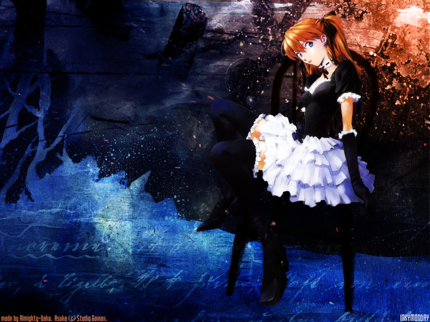 blonde_hair blue_eyes brown_hair gothic gothic_lolita highres lolita_fashion long_hair neon_genesis_evangelion red_hair sadamoto_yoshiyuki souryuu_asuka_langley thighhighs wallpaper