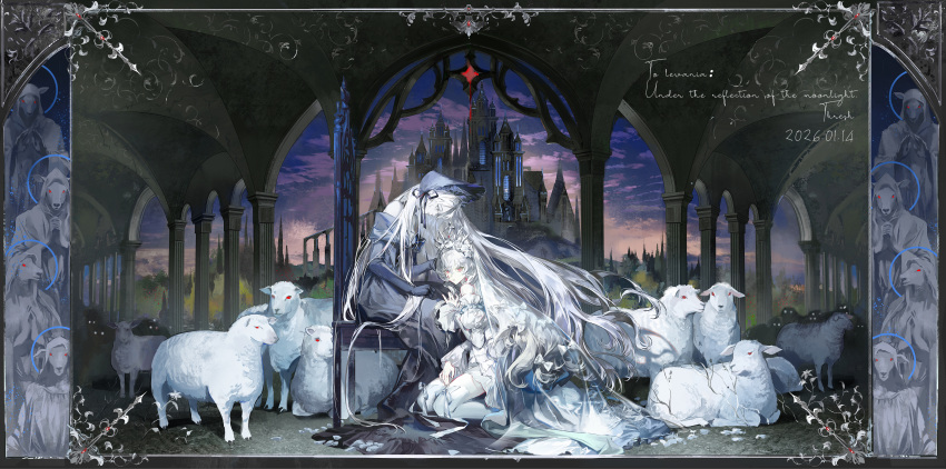 2girls absurdres animal blue_dress blue_halo building castle clouds commission dress goat hair_ornament halo halo_behind_head headdress highres hood hood_up long_hair long_sleeves mihuashi_commission mrthersh multiple_girls off-shoulder_dress off_shoulder original sitting sky sunset very_long_hair watermark white_dress white_hair