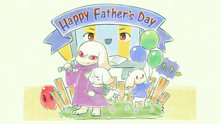 2boys 2girls absurdres artist_request balloon balrog_(cave_story) bat_wings blue_flower blue_sleeves blue_sweater brown_eyes cave_story closed_eyes closed_mouth colored_sclera commentary cross_scar english_commentary english_text father's_day father_and_daughter fence floppy_ears flower full_body furry furry_female furry_male grass highres holding holding_balloon holding_behind_back holding_sword holding_sword_behind_back holding_weapon holding_weapon_behind_back hug hug_from_behind king_(cave_story) legs_apart light_frown long_sleeves looking_at_viewer mimiga multiple_boys multiple_girls no_humans official_art purple_flower purple_robe purple_sleeves red_eyes red_sclera robe robot_boy sakamoto_sue scar scar_on_face second-party_source short_tail simple_background smile standing sweater sword tail toroko turtleneck turtleneck_robe turtleneck_sweater v-shaped_eyebrows weapon white_tail wide_sleeves wings wooden_fence yellow_background yellow_wings