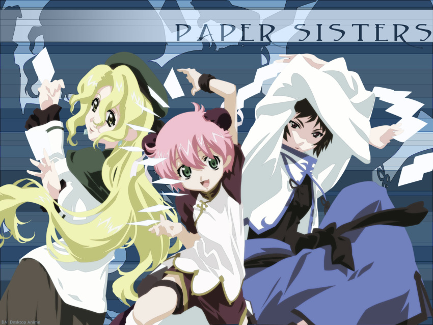 3girls :d androgynous anita_king arms_up beret black_eyes black_hair blonde_hair bun_cover capelet child chinese_clothes double_bun dual_wielding earrings flat_chest flying_paper from_behind green_eyes hat highres ishihama_masashi jacket jewelry jumping long_hair looking_back maggie_mui michelle_cheung multiple_girls official_art open_clothes open_jacket open_mouth paper pink_hair r.o.d_the_tv raglan_sleeves read_or_die sash shoes short_hair shorts skirt smile socks spread_legs thigh_strap tomboy turtleneck vector_trace very_long_hair wallpaper wavy_hair wristband yellow_eyes