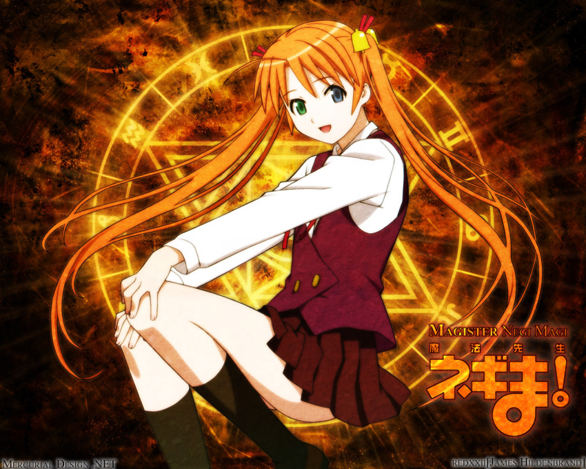 hair_ornament heterochromia kagurazaka_asuna long_hair mahou_sensei_negima orange_hair school_uniform solo tagme twintails