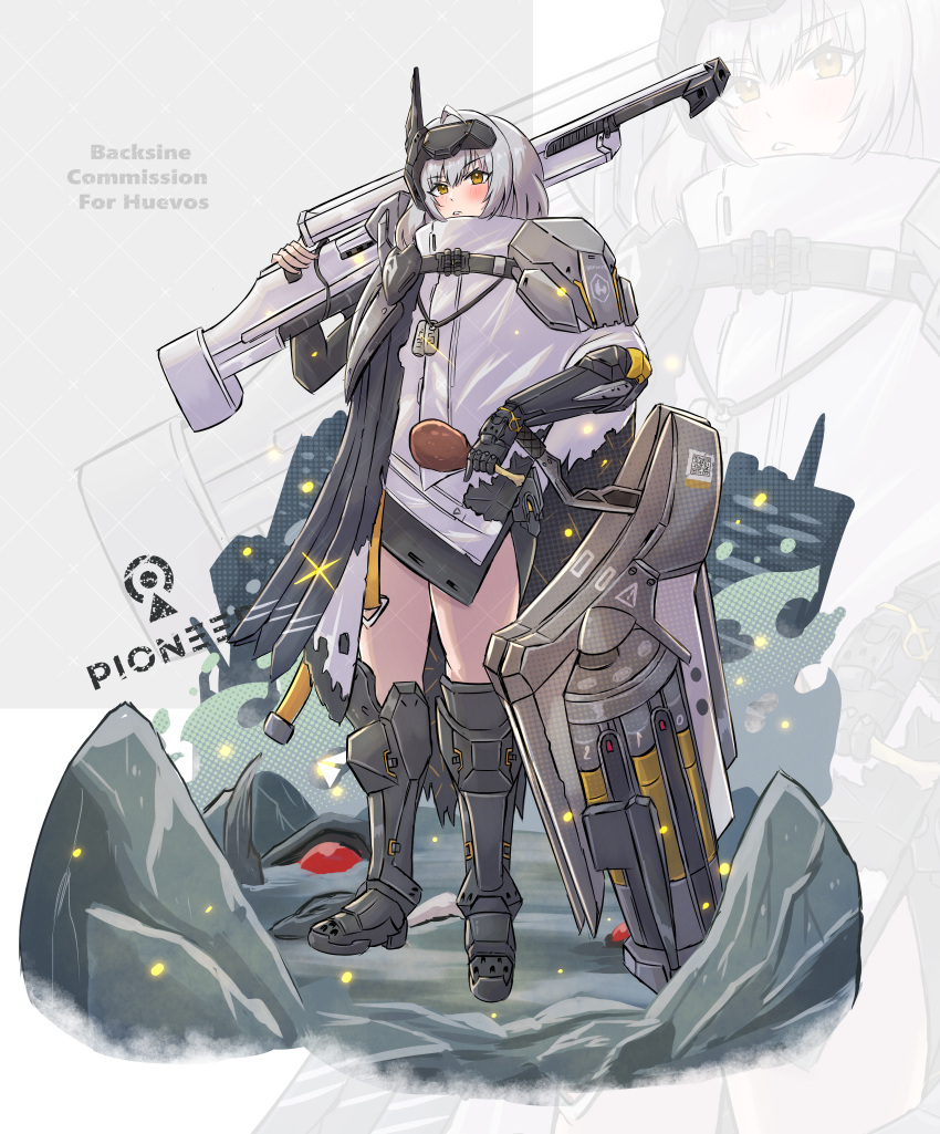 1girl absurdres armored_boots backsine black_boots blush boots chicken_(food) chicken_leg cloak commentary commission english_commentary food goddess_of_victory:_nikke grey_hair gun hair_between_eyes head-mounted_display highres holding holding_food holding_gun holding_weapon horns long_hair long_sleeves mechanical_arms mechanical_horns parted_lips single_mechanical_arm snow_white_(nikke) torn_cloak torn_clothes weapon white_cloak white_hair yellow_eyes zoom_layer
