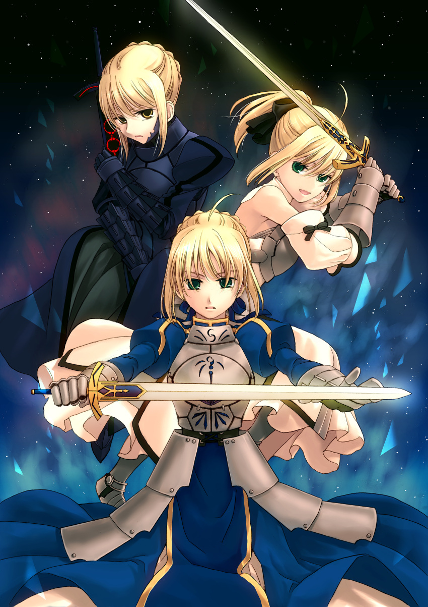 ahoge armor armored_dress bad_id blonde_hair dark_excalibur dark_saber dress fate/stay_night fate/unlimited_codes fate_(series) highres momo_(gomenne) mou_ii multiple_persona saber saber_alter saber_lily sword weapon