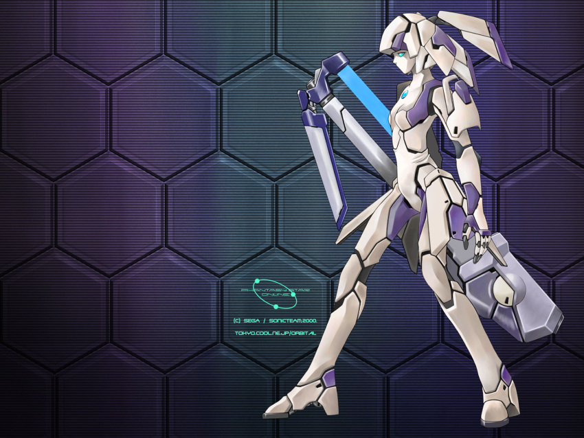 android aqua_eyes artist_request caseal flat_chest gun high_heels highres honeycomb_background no_pupils phantasy_star phantasy_star_online purple_background racaseal robot_joints shoes solo standing text title_drop twintails wallpaper weapon