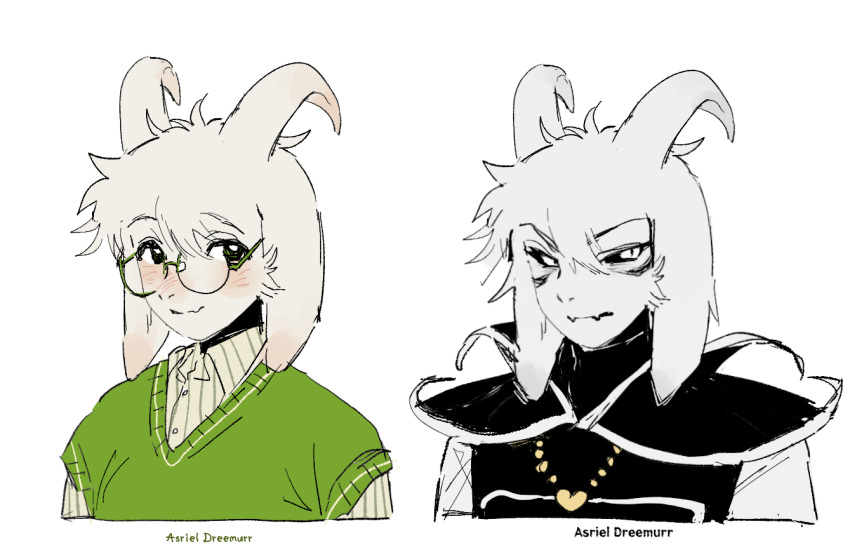 2boys alternate_form animal_ears asriel_dreemurr asriel_dreemurr_(god_of_hyperdeath) black_sclera blush character_name colored_sclera facial_mark fangs furry furry_male glasses goat_boy goat_ears goat_horns green-framed_eyewear green_vest horns jewelry koyashaka male_focus multiple_boys necklace round_eyewear simple_background undertale upper_body utdr_(toby_fox) vest white_background white_eyes