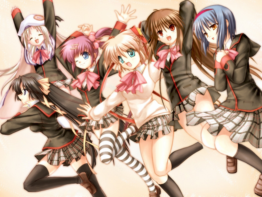 black_hair blue_eyes blue_hair brown_eyes brown_hair buttons closed_eyes everyone hairband hat highres hinoue_itaru kamikita_komari kurugaya_yuiko large_buttons little_busters!! long_hair na-ga natsume_rin nishizono_mio noumi_kudryavka orange_hair plaid plaid_skirt purple_hair red_eyes ribbon saigusa_haruka school_uniform skirt striped striped_legwear thighhighs very_long_hair wink zettai_ryouiki