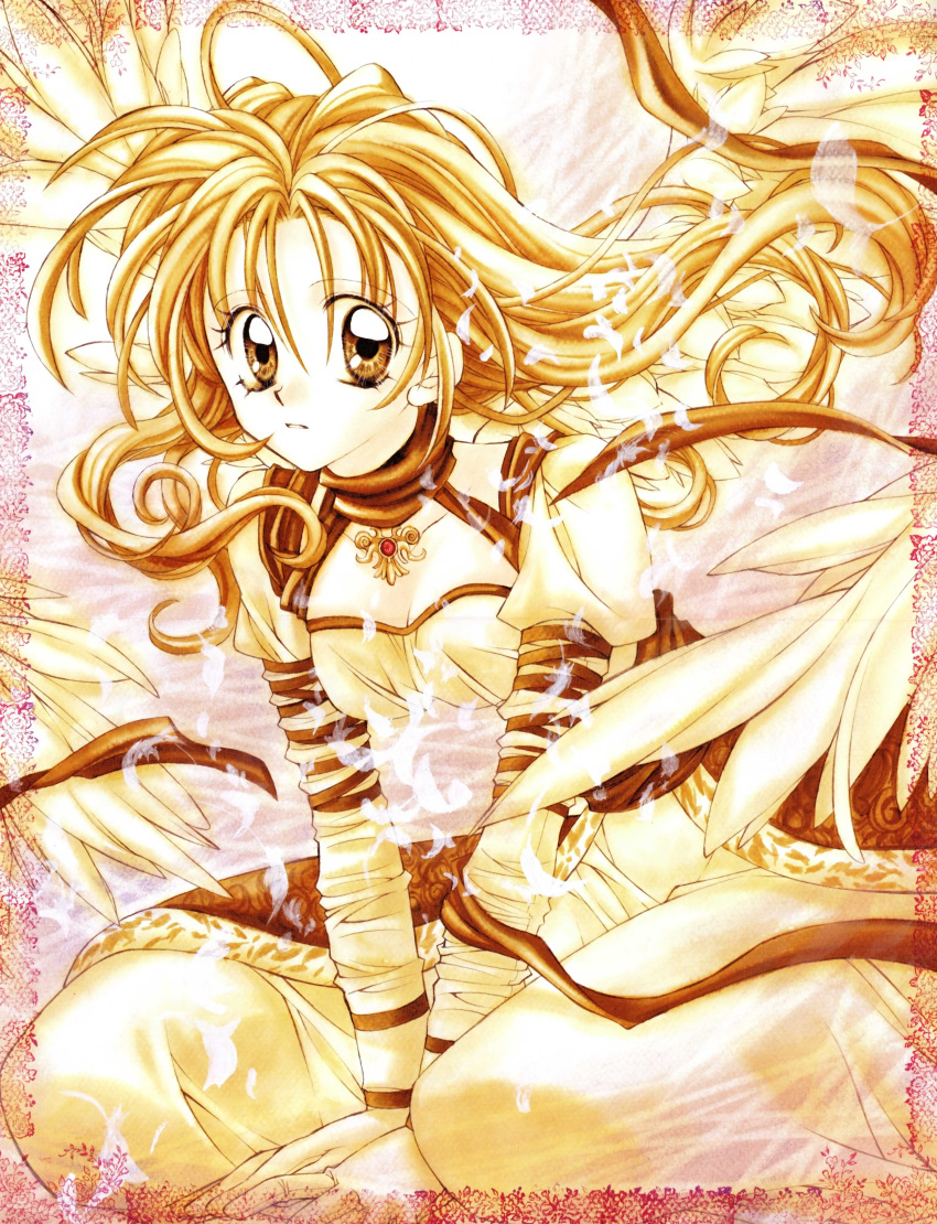 1girl absurdres angel_wings brown_hair feathered_wings feathers floating_hair frame gloves hair_between_eyes highres ink_(medium) juliet_sleeves kamikaze_kaitou_jeanne kusakabe_maron long_hair long_sleeves looking_at_viewer marker_(medium) official_art puffy_sleeves ribbon scan sitting solo tanemura_arina traditional_media wariza white wings