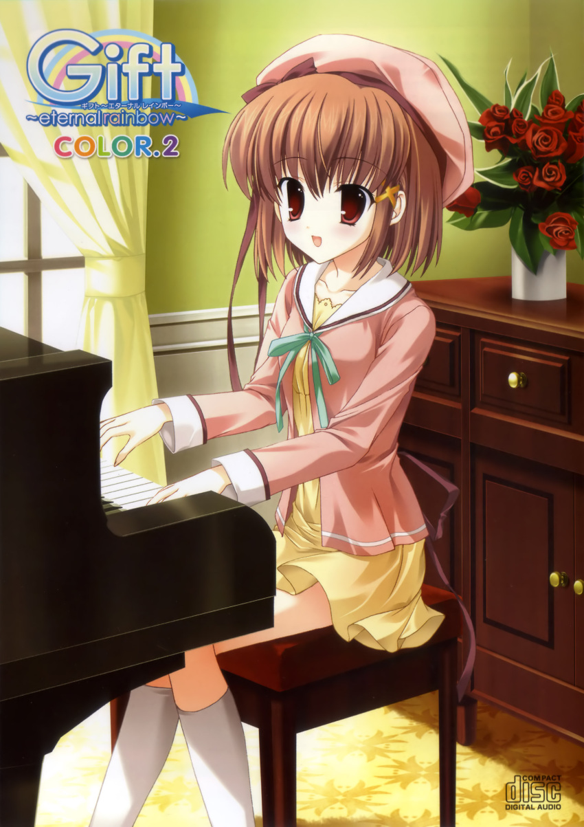 beret brown_hair disc_cover gift instrument konosaka_kirino mitha piano roses short_hair tagme