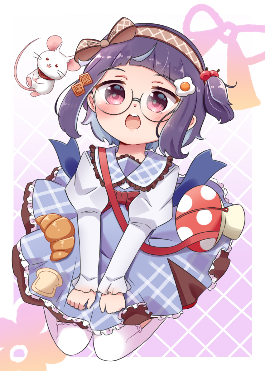 1girl :o absurdres animal bag blue_dress blush bow brown_bow brown_hairband character_request collared_dress commentary dress food-themed_hair_ornament frilled_shirt_collar frills glasses gradient_background hair_bobbles hair_bow hair_ornament hairband highres juliet_sleeves long_sleeves looking_at_viewer mouse one_side_up open_mouth pleated_dress project_livium puffy_sleeves purple_background purple_hair red_eyes rutorifuki shirt shoulder_bag solo teeth thigh-highs upper_teeth_only virtual_youtuber white_background white_shirt white_thighhighs