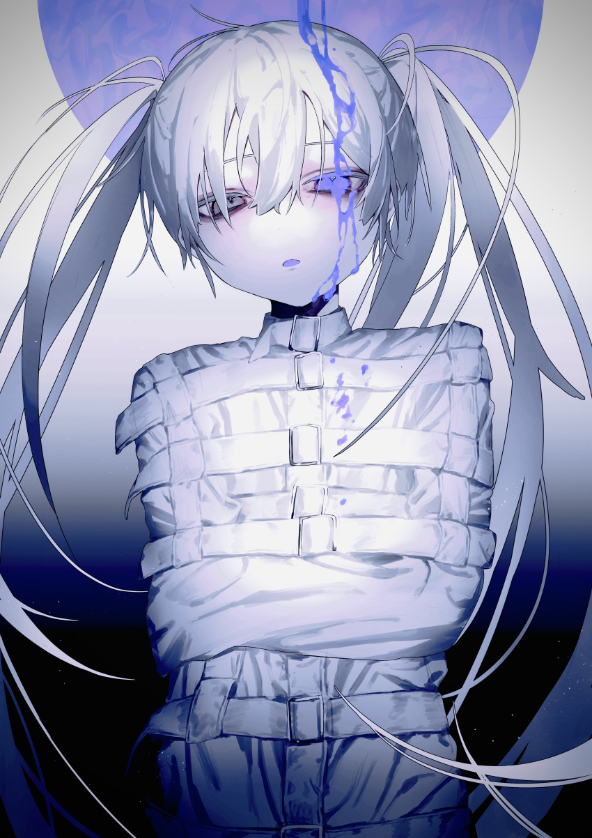 1girl absurdres bangs blue_eyes bound dripping_eye gradient_background hair_between_eyes heterochromia highres long_hair long_sleeves looking_at_viewer nia_(x_x02) open_mouth original solo standing straitjacket twintails white_eyes white_hair