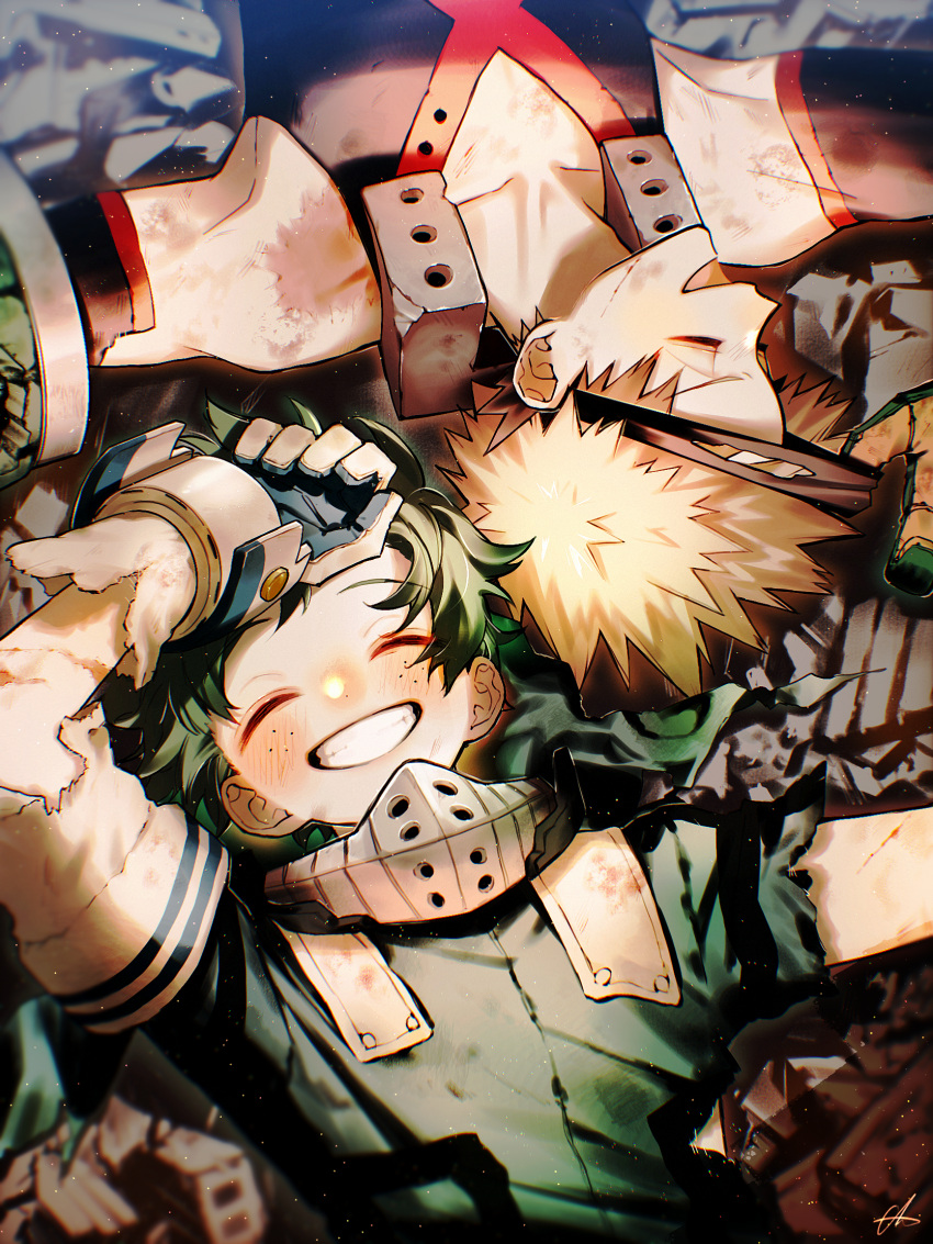 2boys ^_^ arm_up bakugou_katsuki bangs bare_shoulders black_mask black_tank_top bleeding blonde_hair blood blurry blush bodysuit boku_no_hero_academia closed_eyes collarbone curly_hair cuts detached_sleeves eye_mask freckles from_above gloves green_bodysuit green_gloves green_hair grin hand_on_forehead hand_on_own_forehead hand_on_own_head happy highres injury lying male_focus mask_lift midoriya_izuku multiple_boys naruna_(star) on_back open_mouth orange_gloves outstretched_arm outstretched_arms profile raised_eyebrows rubble scar scar_on_arm scratches short_hair signature sleeveless smile spiky_hair spoilers spread_arms tank_top torn_bodysuit torn_clothes torn_sleeve two-tone_gloves upper_body v-neck white_gloves wreckage