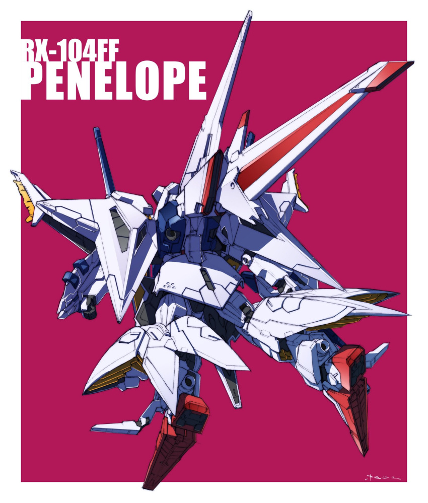 character_name clenched_hand daue english_commentary english_text from_behind full_body gundam gundam_hathaway's_flash highres mecha mobile_suit no_humans penelope_(hathaway's_flash) pink_background robot science_fiction signature solo thrusters