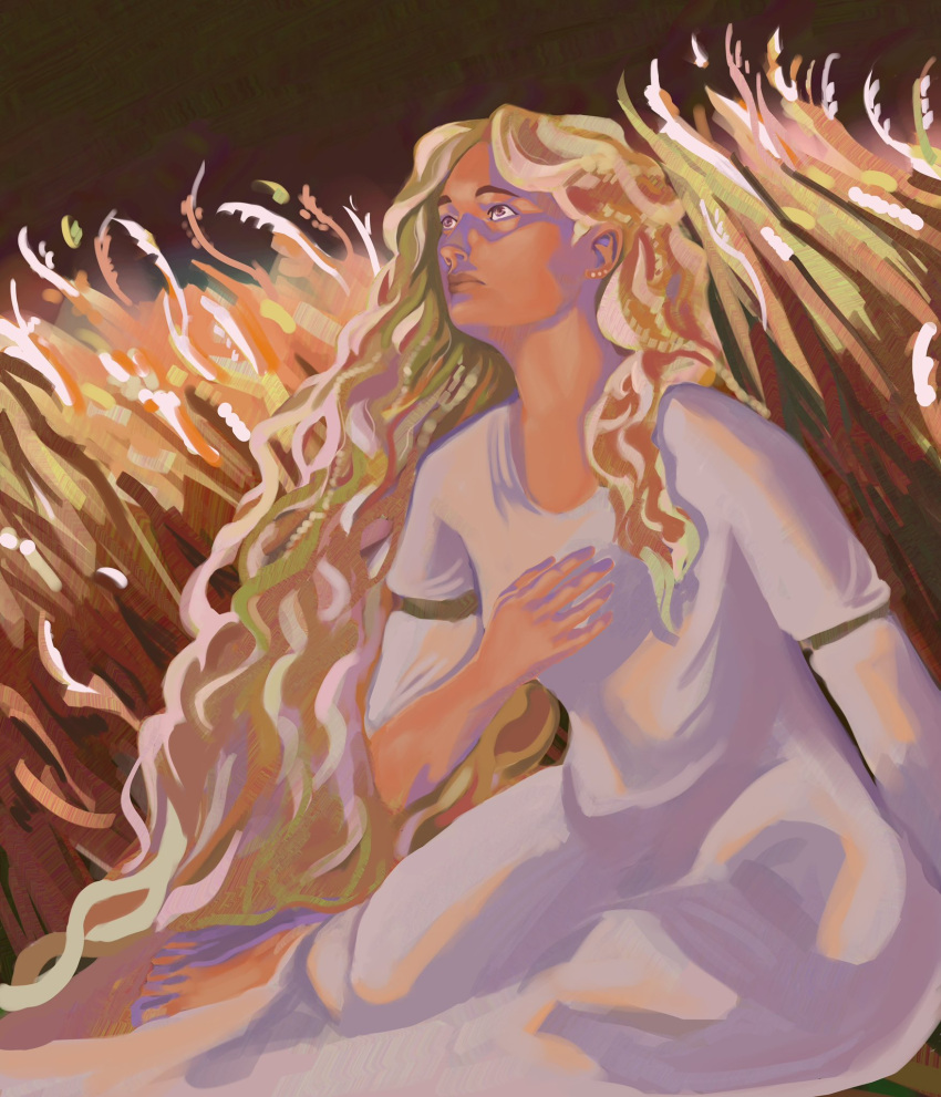 1boy bioodrose blonde_hair braid child closed_mouth dress elden_ring highres long_hair looking_to_the_side looking_up lying male_child miquella_(elden_ring) sitting solo staring wheat wheat_field white_tunic