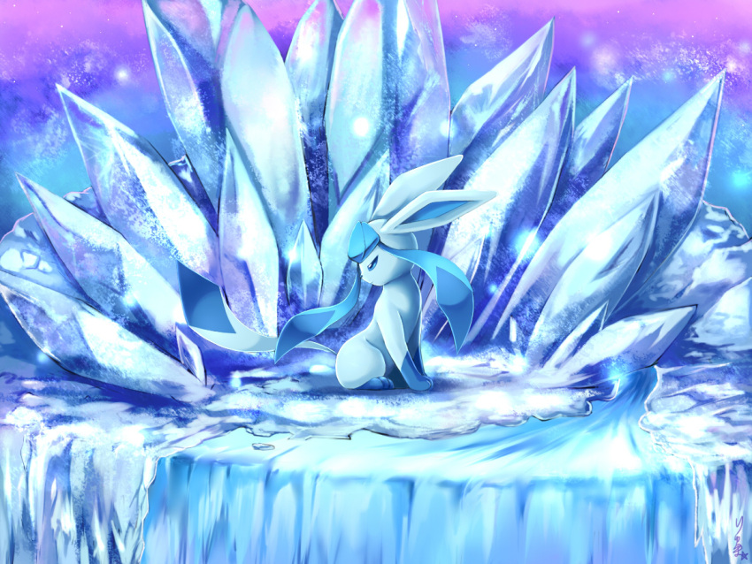 animal_focus blue_eyes blue_hair blue_theme closed_mouth commentary_request from_side full_body glaceon ice long_hair looking_back no_humans pokemon pokemon_(creature) profile ryuma210 sidelocks sitting solo twintails water