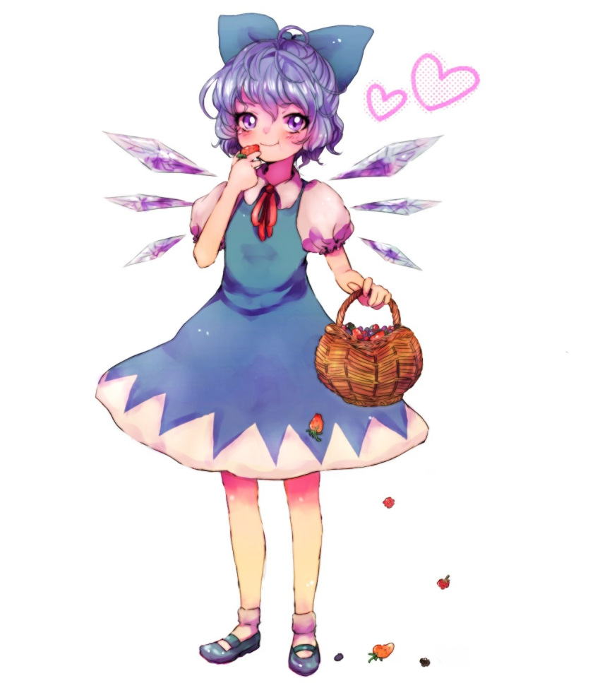 1girl 299_(horisso) basket blue_bow blue_dress blue_footwear blue_hair bow cirno collared_shirt detached_wings dress eating food fruit full_body hair_between_eyes hair_bow heart highres holding holding_basket ice ice_wings looking_at_viewer mary_janes neck_ribbon pinafore_dress puffy_short_sleeves puffy_sleeves red_ribbon ribbon shirt shoes short_hair short_sleeves simple_background socks solo standing strawberry touhou violet_eyes white_background white_shirt white_socks wings