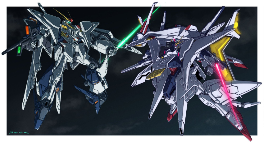 airborne arm_blade beam_rifle beam_saber clouds cloudy_sky commentary daue duel energy_blade energy_gun energy_sword glowing glowing_eyes green_eyes gun gundam gundam_hathaway's_flash highres holding holding_gun holding_sword holding_weapon mecha mobile_suit night night_sky no_humans penelope_(hathaway's_flash) pink_eyes robot science_fiction shield signature sky sword v-fin weapon xi_gundam