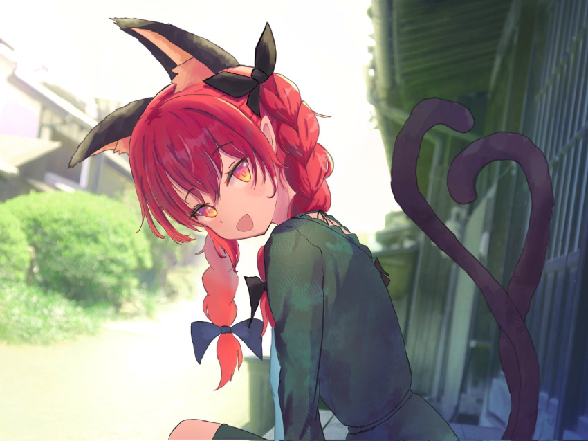 1girl :d animal_ears bangs braid cat_ears cat_tail commentary_request extra_ears highres kaenbyou_rin kiritanpo117 long_sleeves looking_at_viewer medium_hair multiple_tails nekomata open_mouth outdoors red_eyes redhead side_braids smile solo tail touhou twin_braids two_tails