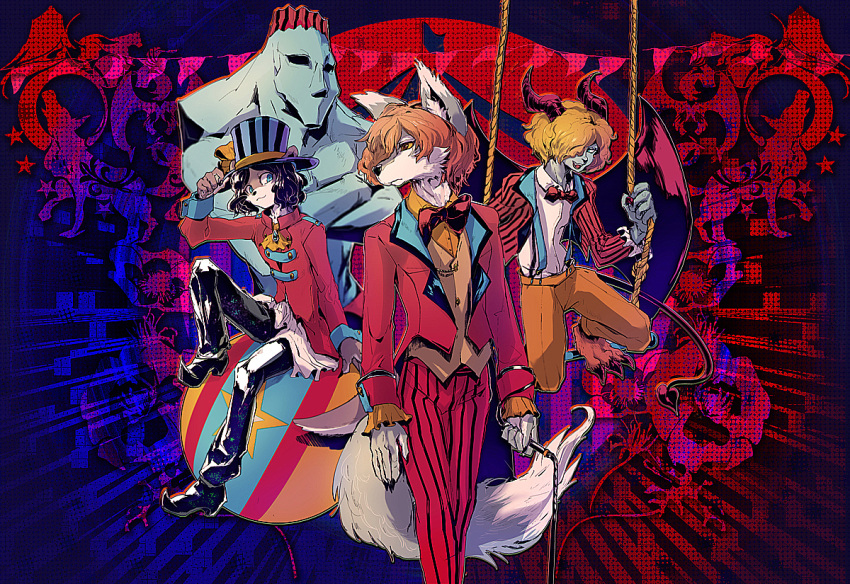 4boys black_hair blonde_hair blue_eyes circus daishizen_(show_by_rock!!) demon_boy demon_horns demon_tail demon_wings deyan_(show_by_rock!!) furry giant hat horns kintaurus_(show_by_rock!!) m-chinook male_focus multiple_boys no_humans orange_hair red_eyes short_hair show_by_rock!! tail top_hat uchuura_(show_by_rock!!) wavy_hair werewolf wings