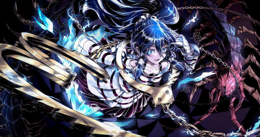 absurdres bangs black_dress blue_eyes blue_hair bug buttons centipede chain commentary_request cuffs dress foul_detective_satori frilled_skirt frills ghost_tail gloves goingtobemad hair_ornament hair_tubes highres long_sleeves looking_at_viewer miyadeguchi_mizuchi ponytail prison_clothes shackles shirt sidelocks skirt skull_hair_ornament smile striped striped_shirt striped_skirt teeth touhou