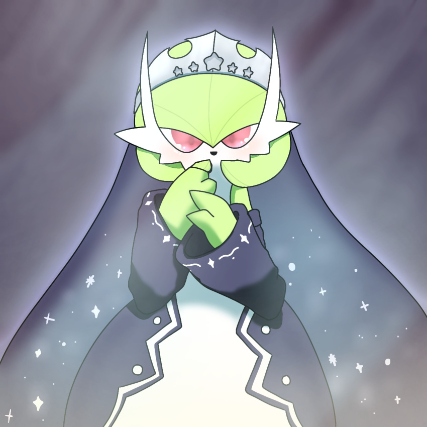 1girl bangs black_dress blush bob_cut clothed_pokemon colored_skin commentary commentary_request dress gardevoir green_hair green_skin grey_headwear hair_between_eyes hands_up happy highres light_blush long_sleeves looking_at_viewer mega_gardevoir mega_pokemon multicolored_skin off-shoulder_dress off_shoulder open_mouth own_hands_together pokemon pokemon_(creature) purple_outline red_eyes short_hair smile solo sparkle standing star_(symbol) straight-on tiara two-tone_skin veil white_skin yuri_(pixiv_76483886)