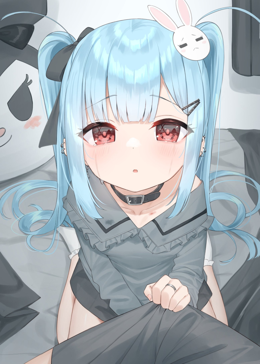 1girl :o bangs bed black_bow black_skirt blue_hair bow collared_shirt commentary_request curtains frilled_shirt_collar frilled_socks frills grey_shirt hair_bow hair_ornament hairclip highres jewelry long_hair long_sleeves looking_at_viewer no_shoes on_bed original parted_lips rabbit_hair_ornament red_eyes ring shirt skirt socks solo_focus tsukiman twintails very_long_hair white_socks