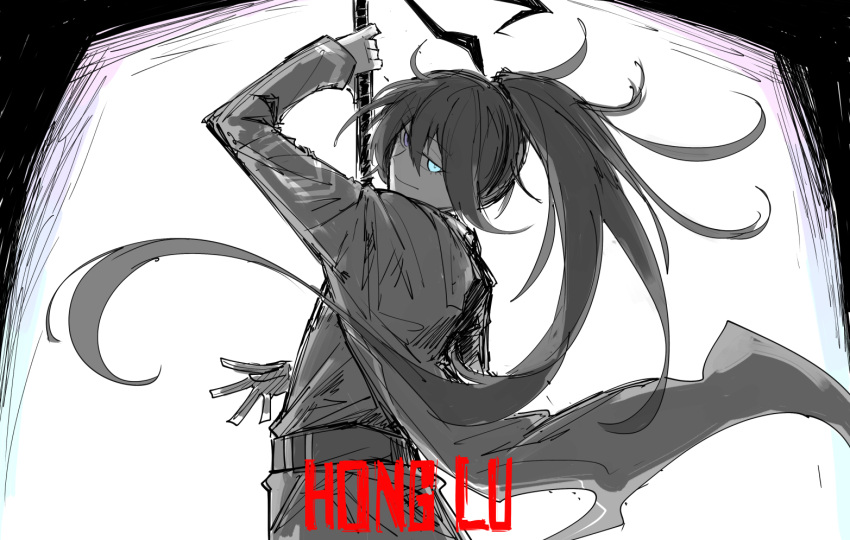 1boy belt blue_eyes formal heterochromia holding holding_weapon hong_lu_(limbus_company) kankan33333 limbus_company long_hair looking_at_viewer ponytail project_moon simple_background solo spot_color suit very_long_hair weapon