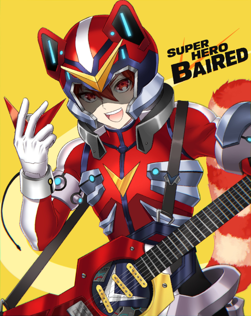 1boy bai_red_(show_by_rock!!) character_name clothing_request gloves guitar helmet highres holding holding_instrument instrument long_sleeves looking_at_viewer male_focus mel6969 open_mouth red_eyes red_panda_boy red_panda_ears red_panda_tail redhead short_hair show_by_rock!! smile solo teeth white_gloves yellow_eyes