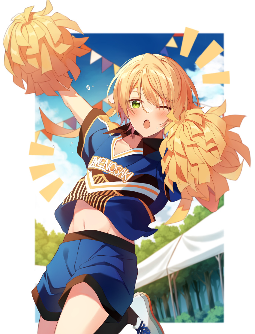1boy ;o absurdres arm_up bangs bishounen blonde_hair blue_shorts blue_sky blush border bush cheerleader clothes_writing clouds collarbone collared_shirt commentary_request day ensemble_stars! forest green_eyes hair_between_eyes hand_up highres holding holding_pom_poms leg_up looking_at_viewer male_focus nature navel notice_lines one_eye_closed open_mouth outside_border pennant pom_pom_(cheerleading) print_shirt shiratori_aira_(ensemble_stars!) shirt shoes short_hair short_sleeves shorts sidelocks sky sneakers solo stomach string_of_flags sweatdrop teeth tooka_4120 tree upper_teeth_only white_border white_footwear white_shirt wing_collar