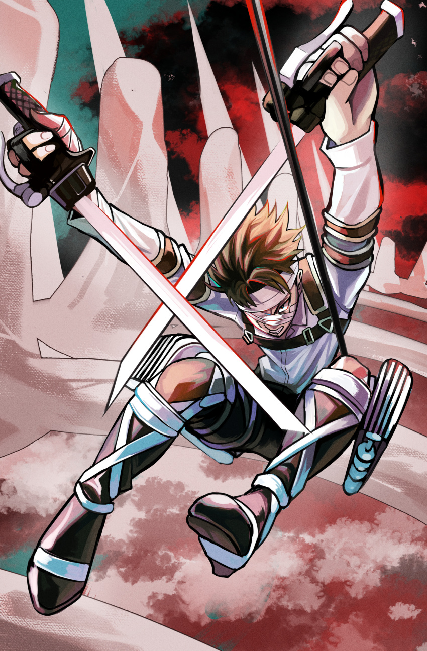 1boy absurdres angry bandage_over_one_eye bandages boots brown_hair crossed_swords dual_wielding dynamic_pose highres holding holding_sword holding_weapon injury levi_(shingeki_no_kyojin) long_sleeves looking_ahead one_eye_covered red_background shingeki_no_kyojin solo_focus soubu_yuusuke stitched_face stitches sword three-dimensional_maneuver_gear weapon