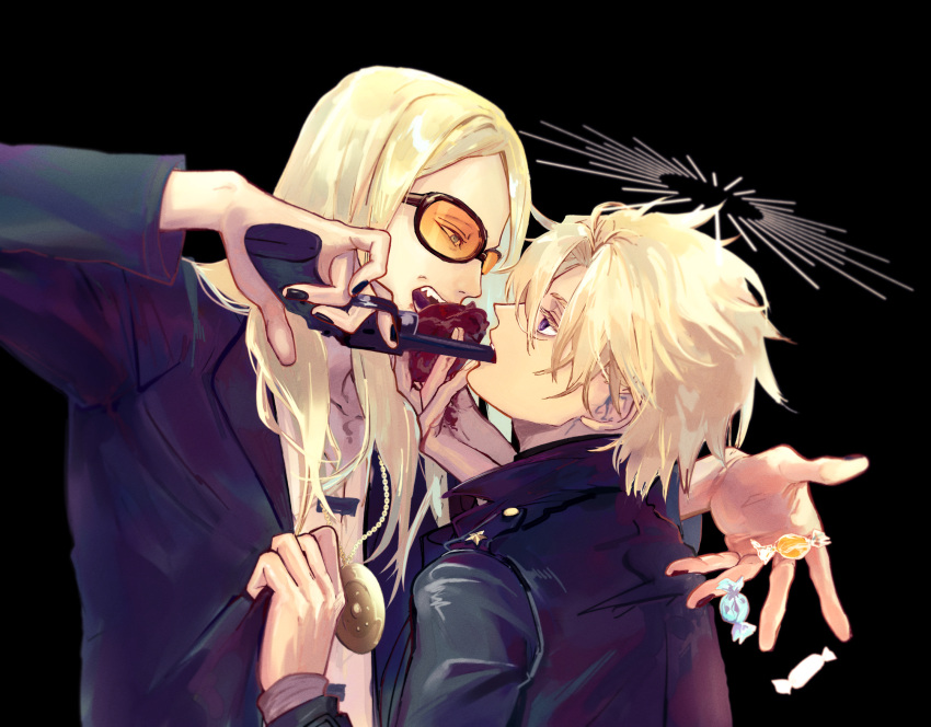 2boys black_background blonde_hair blood blood_on_hands blue_eyes candy clothes_grab daybit_sem_void fangs fate/grand_order fate_(series) feeding food gun gun_in_mouth halo hand_on_another's_chest heart highres jacket_grab jewelry killerwhale000 long_hair male_focus medallion multiple_boys necklace simple_background sunglasses sweets tezcatlipoca_(fate) upper_body weapon
