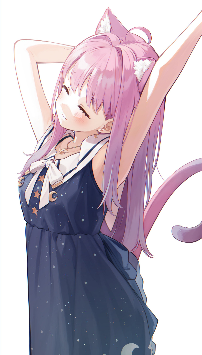 1girl absurdres ahoge animal_ear_fluff animal_ears armpits arms_up black_dress blush cat_ears cat_tail closed_eyes dress highres himemori_luna hololive long_hair md5_mismatch pink_hair pinkusan resolution_mismatch sleeveless sleeveless_dress solo source_smaller stretching tail virtual_youtuber
