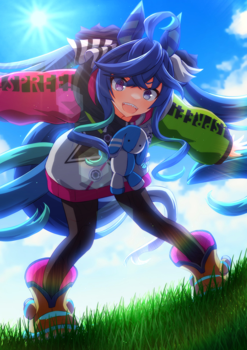 1girl :d ahoge animal_ears ankle_boots aqua_hair backlighting bangs black_bodysuit black_ribbon blue_eyes blue_hair blue_sky bodysuit boots clothes_writing clouds cloudy_sky day grass hair_ribbon heterochromia highres horse_ears horse_girl horse_tail kei_fukamiki leaning_forward lens_flare long_hair long_sleeves looking_at_viewer multicolored_coat open_mouth outdoors outstretched_arms ribbon sharp_teeth sidelocks sky smile solo spread_arms standing stuffed_animal stuffed_rabbit stuffed_toy sun sunlight tail teeth twin_turbo_(umamusume) twintails umamusume very_long_hair violet_eyes yellow_footwear