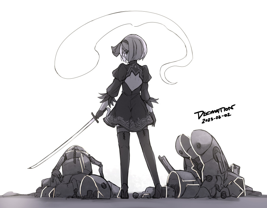1girl absurdres back_cutout chiroru_(cheese-roll) closed_mouth clothing_cutout commentary cosplay dated english_text full_body ghost gloves greyscale hairband highres holding holding_sword holding_weapon juliet_sleeves konpaku_youmu_(ghost) long_sleeves looking_at_viewer looking_back monochrome nier:automata nier_(series) puffy_sleeves robot short_hair simple_background solo standing sword thigh-highs touhou weapon yorha_no._2_type_b yorha_no._2_type_b_(cosplay)