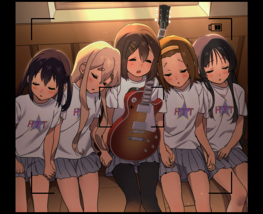 5girls akiyama_mio bangs black_hair black_pantyhose blonde_hair brown_hair closed_eyes commentary_request electric_guitar grey_skirt guitar hair_between_eyes hair_ornament hairband hairclip highres hime_cut hirasawa_yui holding_hands instrument interlocked_fingers k-on! kotobuki_tsumugi long_hair multiple_girls nakano_azusa nyancul pantyhose pleated_skirt shirt short_hair short_sleeves sidelocks sitting skirt sleeping t-shirt tainaka_ritsu thick_eyebrows twintails viewfinder white_shirt yellow_hairband