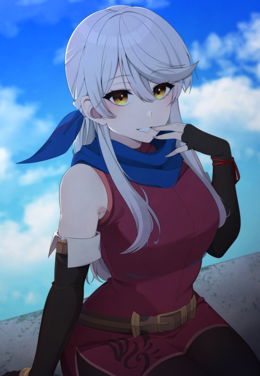 absurdres bangs belt black_gloves black_leggings blue_scarf blue_sky bracelet clouds dress elbow_gloves fingerless_gloves fire_emblem fire_emblem:_radiant_dawn gloves grey_hair grin hair_ribbon half_updo highres jewelry leggings long_hair looking_at_viewer micaiah_(fire_emblem) ribbon scarf side_slit sitting sky sleeveless sleeveless_dress smile umisaki yellow_eyes