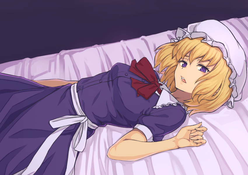 1girl bangs black_background blonde_hair bow bowtie breasts commentary dress hat highres kakone looking_at_viewer lying maribel_hearn mob_cap on_back on_bed open_mouth purple_dress red_bow red_bowtie short_hair short_sleeves solo touhou violet_eyes white_headwear