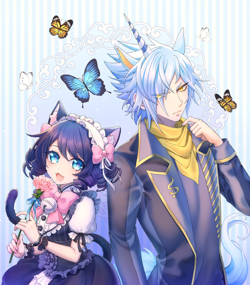 1boy 1girl animal_ears black_hair blue_background blue_butterfly blue_eyes blue_hair bug butterfly cat_ears cat_girl cat_tail closed_mouth cyan_(show_by_rock!!) expressionless highres horns horse_ears horse_tail light_blue_background looking_at_another looking_at_viewer mel6969 multicolored_background open_mouth short_hair show_by_rock!! single_horn smile striped striped_background tail titan_(show_by_rock!!) unicorn_boy wavy_hair white_butterfly yellow_butterfly